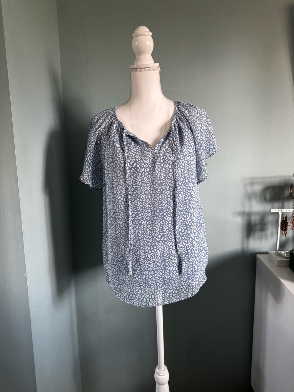 Blue  leopard peasant blouse short Women's Top small